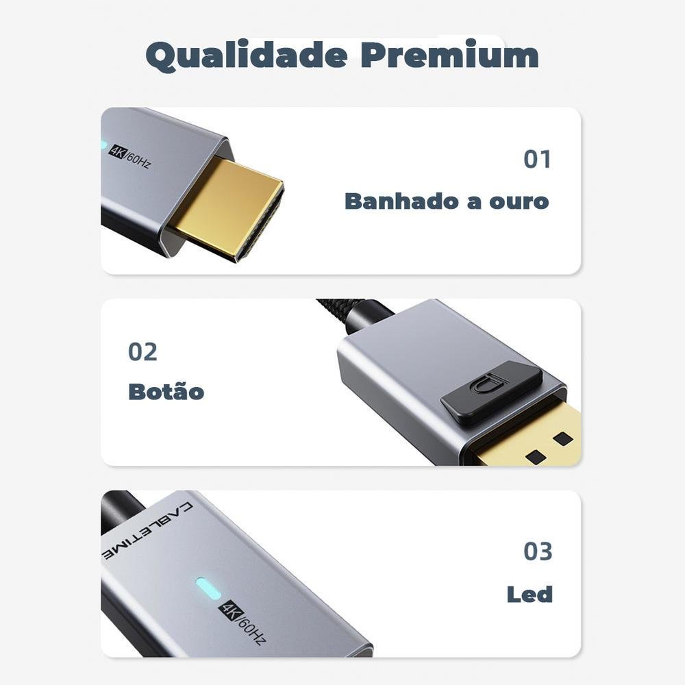 Imagem 3 de 5 do produto Cabo Displayport Para HDMI 4k, 60hz, 1,8m - Cabletime