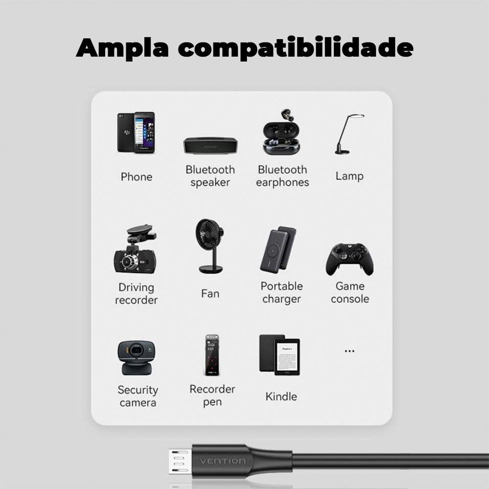 Imagem 3 de 5 do produto Cabo Micro USB, Vention V8, Celular Android, Carga Rápida, 2m