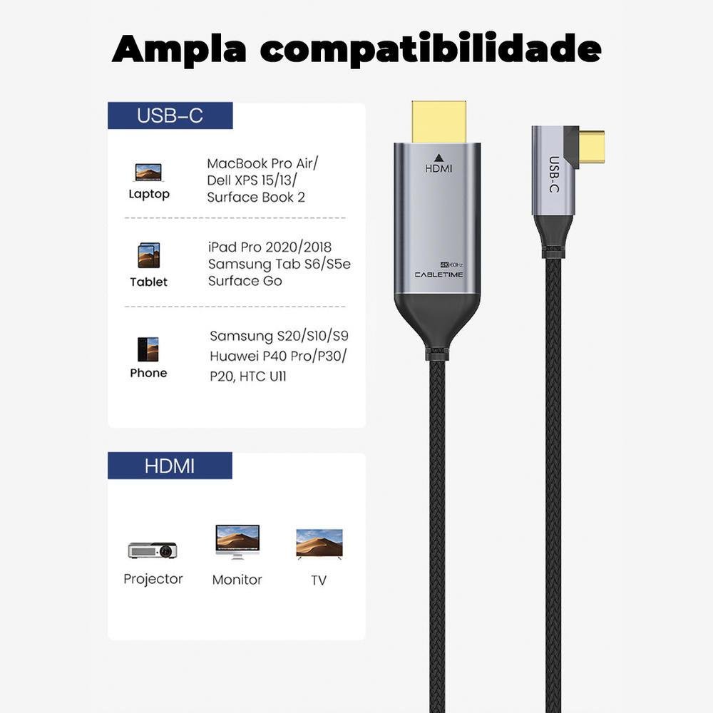 Imagem 3 de 5 do produto Cabo Cabletime USB C, Para HDMI, 4k, 60hz, Para Macbook Pro, 1.8m