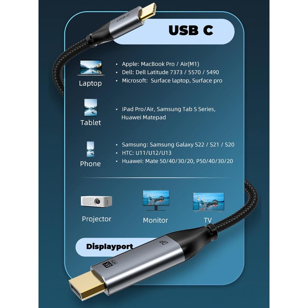 Imagem 3 de 5 do produto Cabo Cabletime USB C X Displayport, 1.4, 8k, 60hz, Notebook, 2m