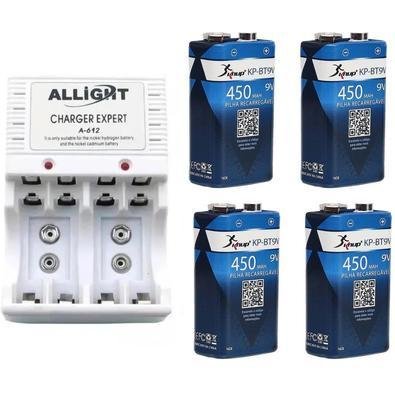 Kit Knup com Carregador De Pilhas e Bateria + 4 Baterias 9v Recarregáveis, Plug Articulado, Bivolt