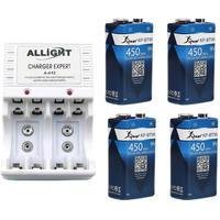 Kit Knup com Carregador De Pilhas e Bateria + 4 Baterias 9v Recarregáveis, Plug Articulado, Bivolt