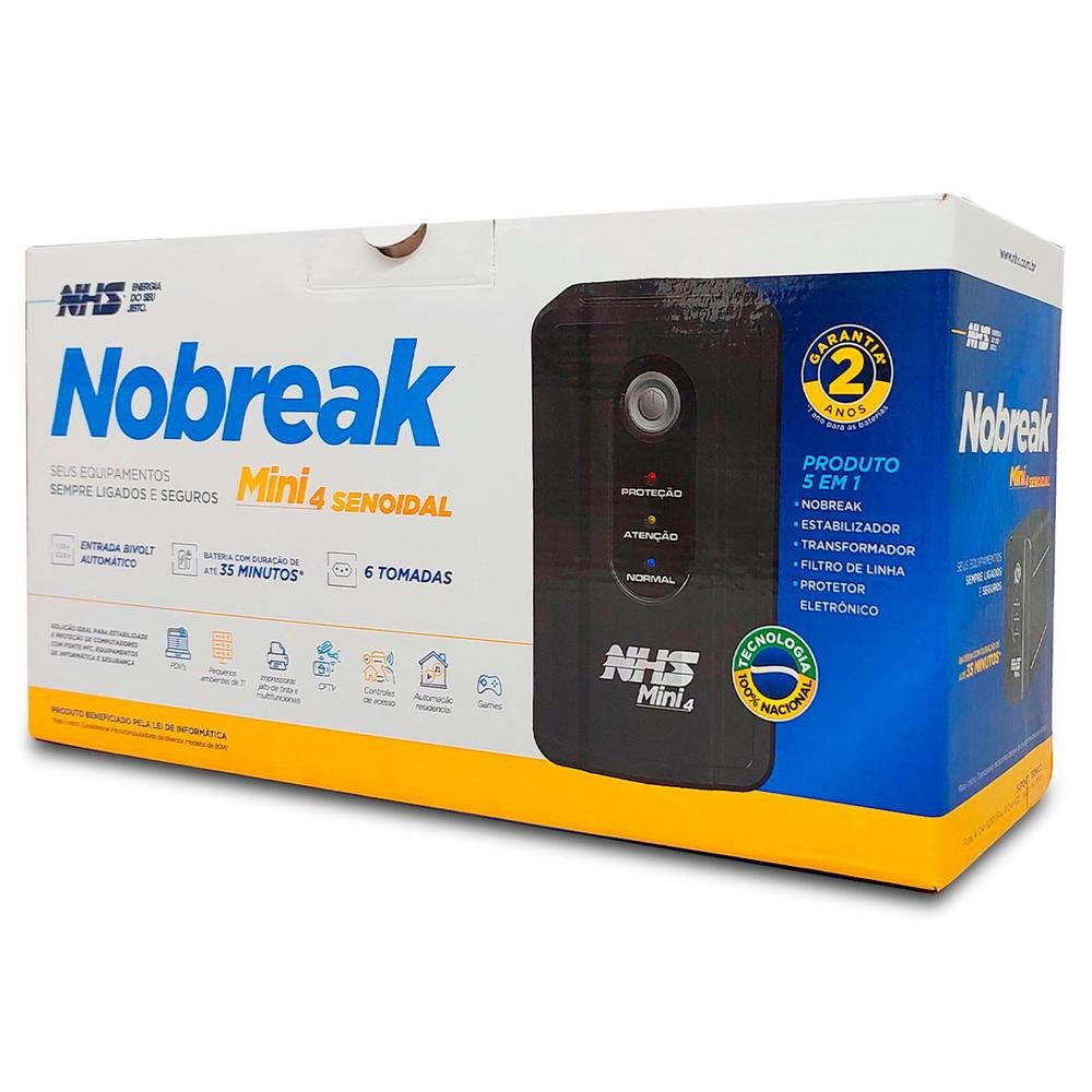Imagem 2 de 5 do produto Nobreak Nhs 600va, Mini 4 Senoidal, Entrada Bivolt, S/120v, Bat. 1x 7ah/12v, 6t, USB - 91.a1.006002