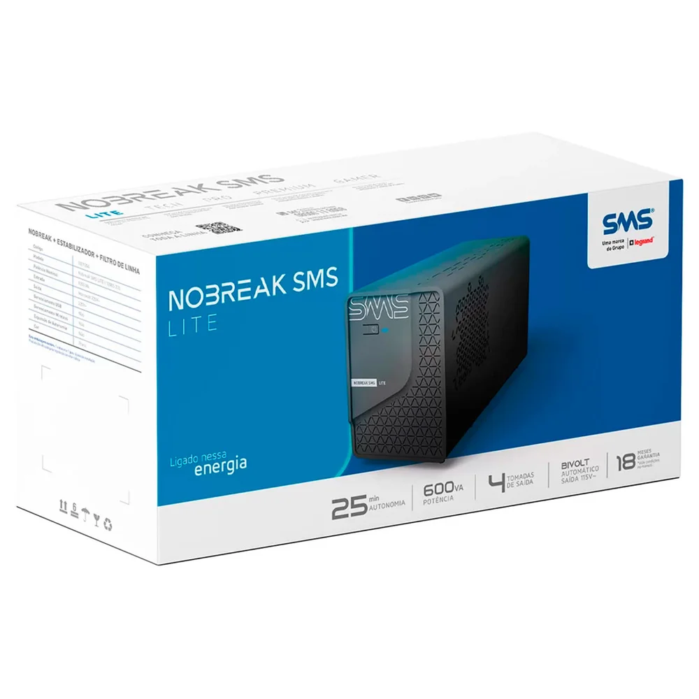 Imagem 2 de 4 do produto Nobreak Sms Lite, 600VA, 4 Tomadas, Bivolt - 0029202