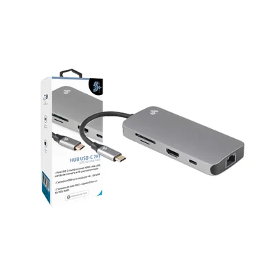 HUB USB C, 5+, 7x1, USB 3.0, Leitor De Cartões SD/micro SD, HDMI, RJ45, USB-C - 018-7453