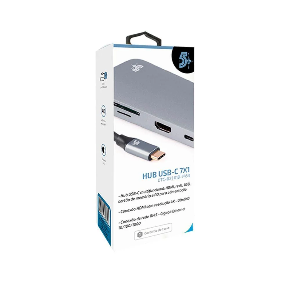 Imagem 3 de 4 do produto HUB USB C, 5+, 7x1, USB 3.0, Leitor De Cartões SD/micro SD, HDMI, RJ45, USB-C - 018-7453