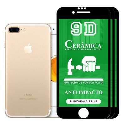 Kit 3x Película 9D Cerâmica Para Iphone 6, 7, 8 Plus - Protetora Anti Impacto, Queda, Choque Shock, Flexível Nano - Transparente