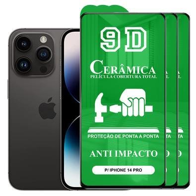Kit 3x Película 9D Cerâmica Para Iphone 14 Pro, Protetora Anti Impacto, Queda, Choque Shock, Flexível Nano - Transparente