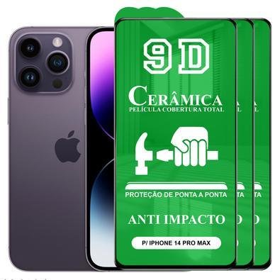 Kit 3x Película 9D Cerâmica Para Iphone 14 Pro Max, Protetora Anti Impacto, Queda, Choque Shock, Flexível Nano - Transparente