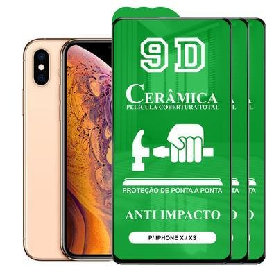 Kit 3x Película 9D Cerâmica Para Iphone X E Xs, Protetora Anti Impacto, Queda, Choque Shock, Flexível Nano - Transparente