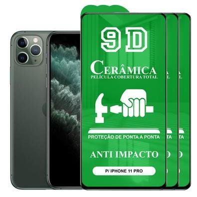 Kit 3x Película 9D Cerâmica Para Iphone 11 Pro, Protetora Anti Impacto, Queda, Choque Shock, Flexível Nano - Transparente