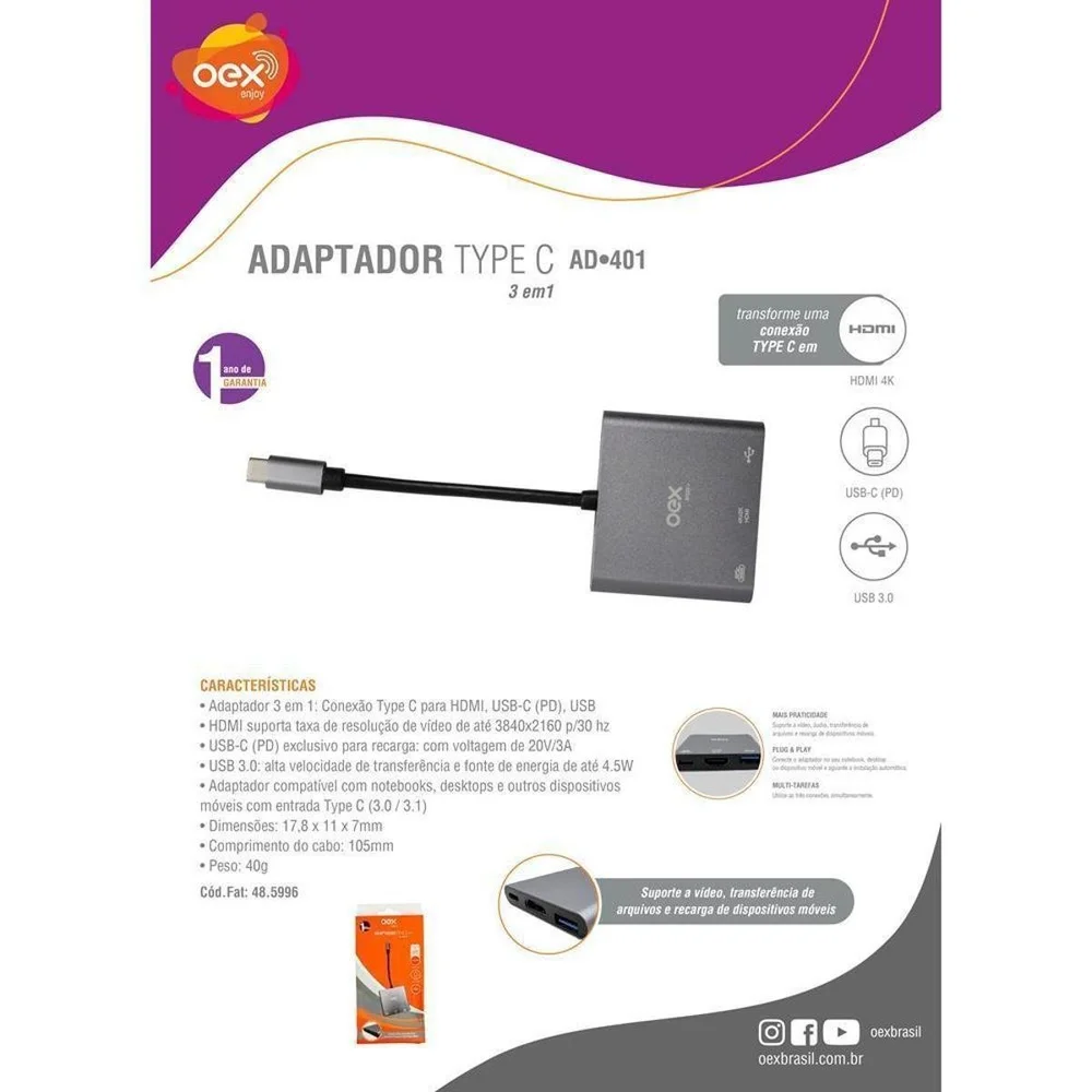 Imagem 3 de 4 do produto Conversor USB-C Para HDMI, 3 Em 1, Oex - Ad401