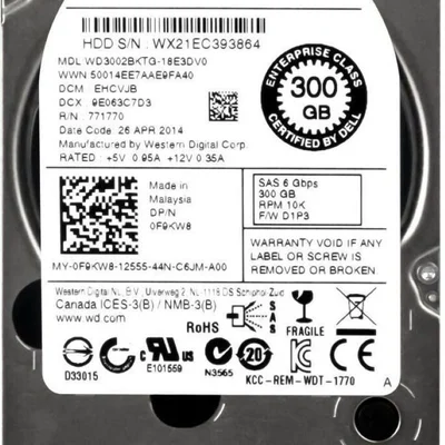 HD Sas Dell, 300GB, 2.5, 0f9kw8, F9kw8, Wd3002bktg, 32mb