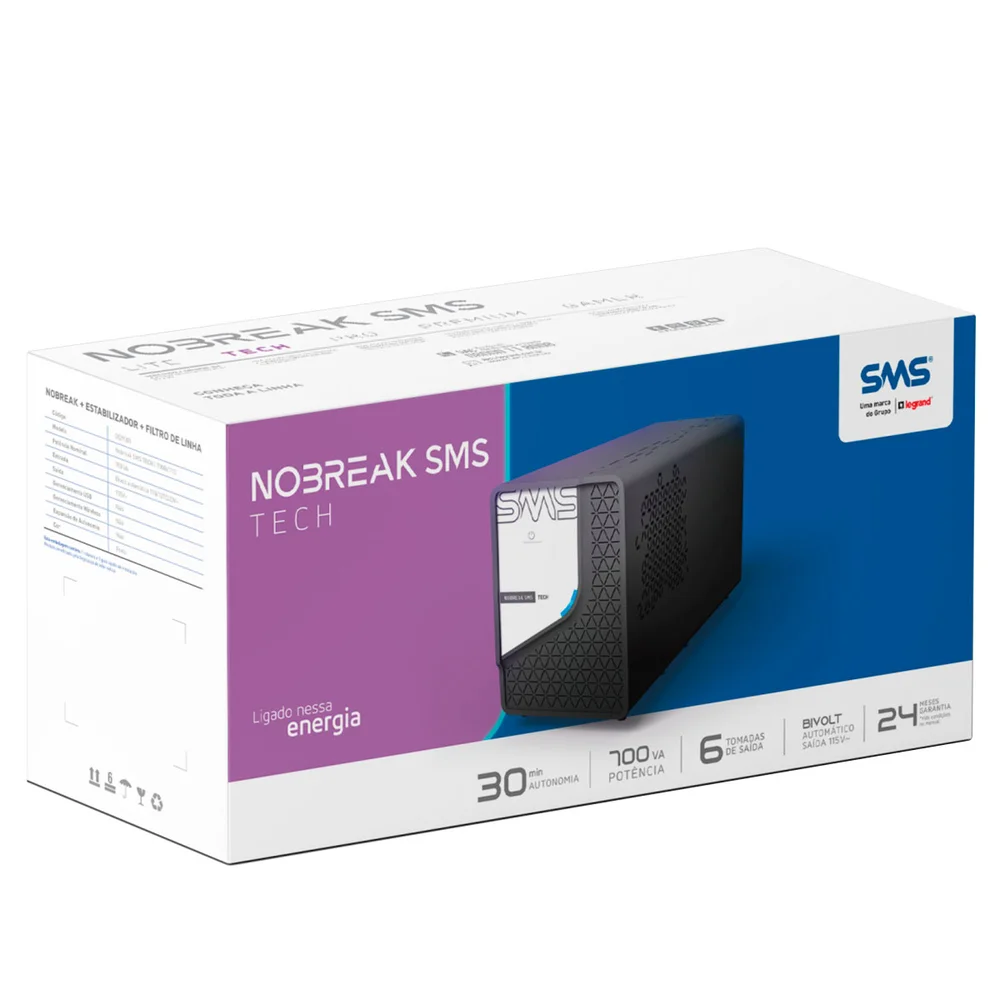 Nobreak Sms Tech 700va/350w, Interativo, Ent 115/ 220v, Sai 115v - 29301 Nobreak Sms Tech 700va/350w, Interativo, Ent 115/ 220v, Sai 115v - 29301