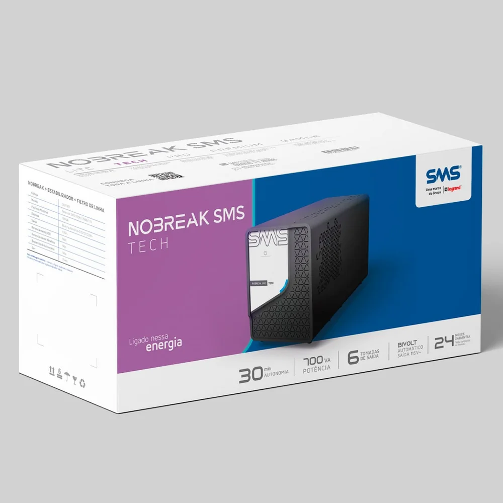 Nobreak Sms Tech 700va/350w, Interativo, Ent 115/ 220v, Sai 115v - 29301 Nobreak Sms Tech 700va/350w, Interativo, Ent 115/ 220v, Sai 115v - 29301