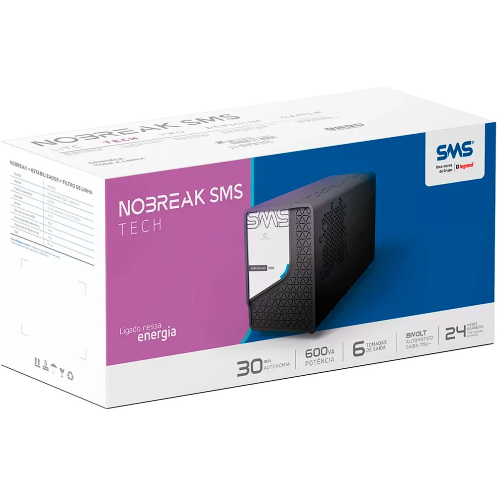 Imagem 4 de 5 do produto Nobreak Sms Tech 600va/300w, Interativo, Ent 115/ 220v, Sai 115v - 29300