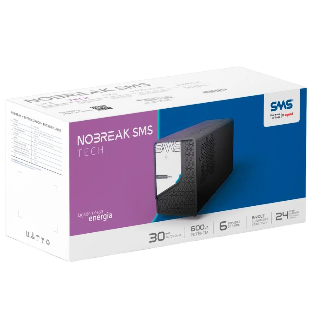 Imagem 5 de 5 do produto Nobreak Sms Tech 600va/300w, Interativo, Ent 115/ 220v, Sai 115v - 29300