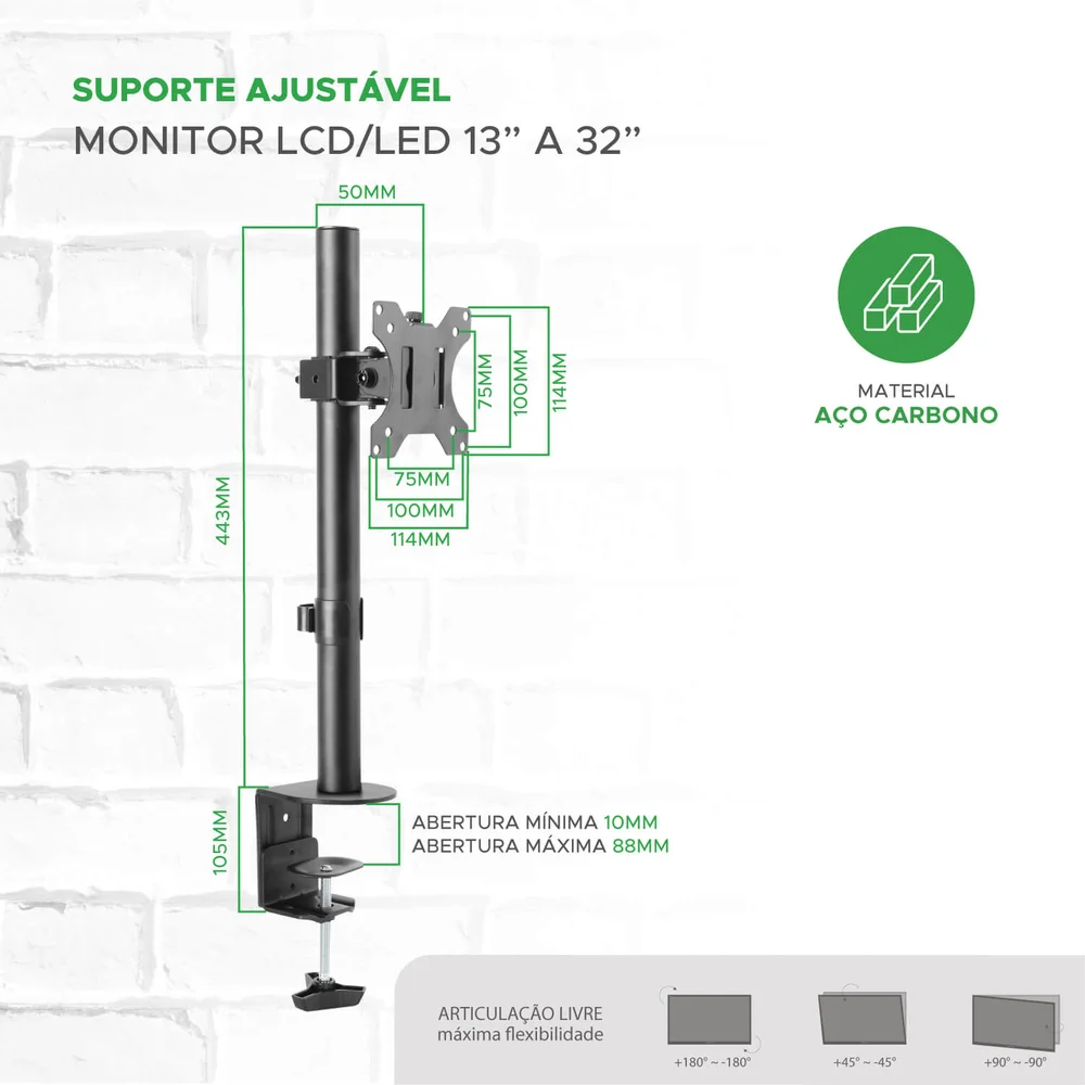 Imagem 2 de 5 do produto Suporte Ajustável Para Monitor Pix 13´´a 32´´ Pix,  Preto - 079-0010