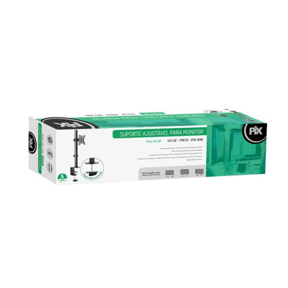 Imagem 4 de 5 do produto Suporte Ajustável Para Monitor Pix 13´´a 32´´ Pix,  Preto - 079-0010