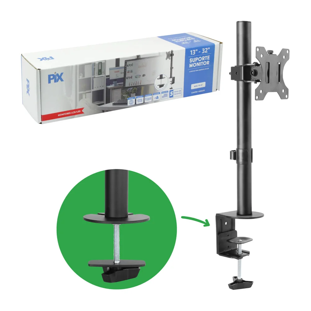 Imagem 5 de 5 do produto Suporte Ajustável Para Monitor Pix 13´´a 32´´ Pix,  Preto - 079-0010