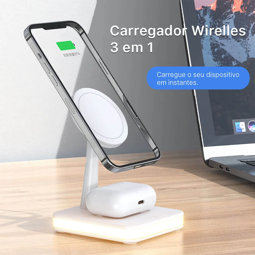 Imagem 3 de 5 do produto Carregador Dock Station Wireless, 3 Em 1 Para Iphone, Airpods, Smartphone - Preta