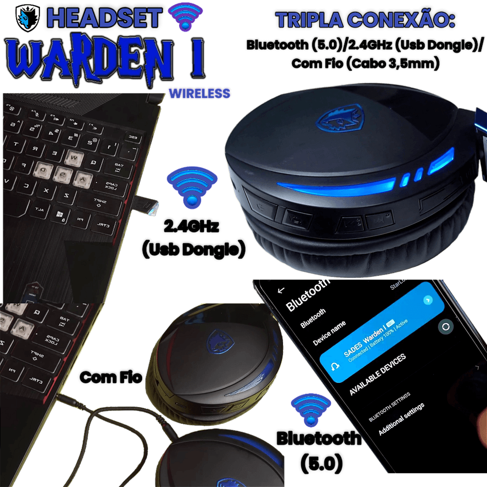 Imagem 2 de 5 do produto Headset Sades Warden I Wireless Gamer, 3 Modos, Profissional