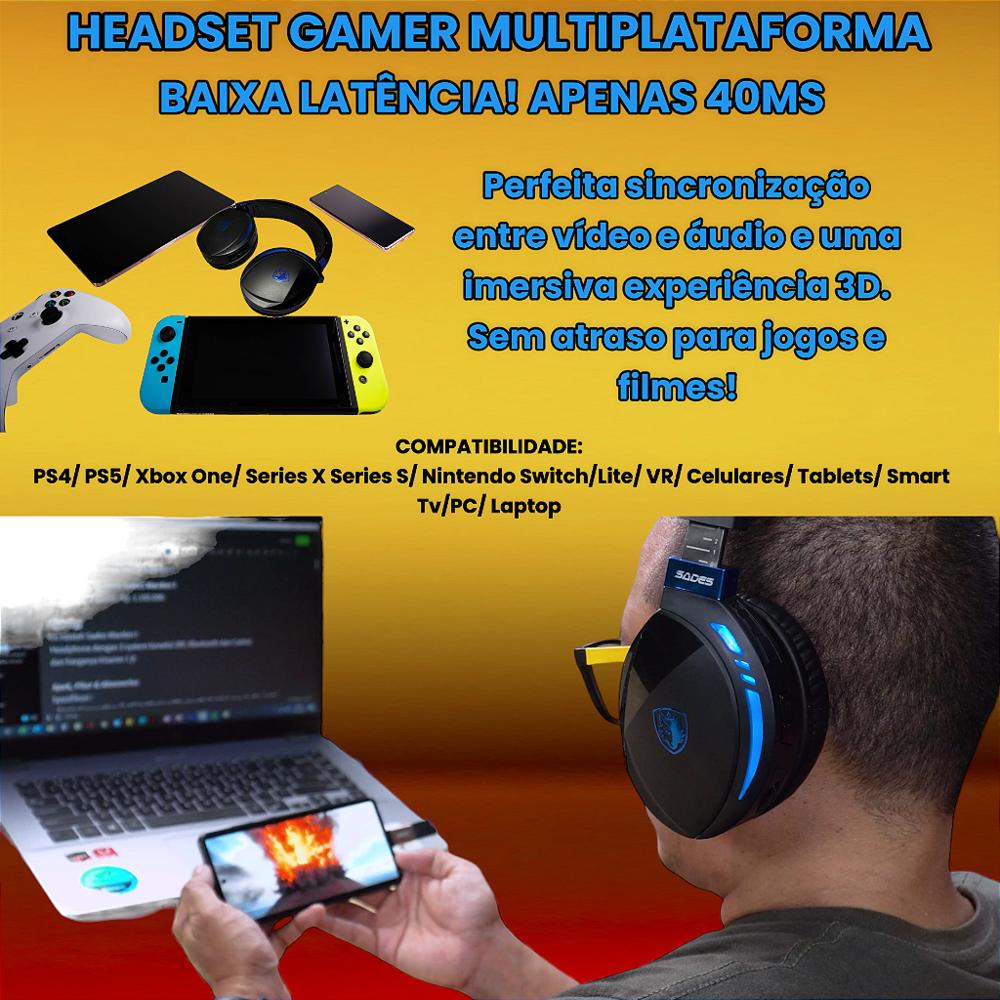 Imagem 5 de 5 do produto Headset Sades Warden I Wireless Gamer, 3 Modos, Profissional