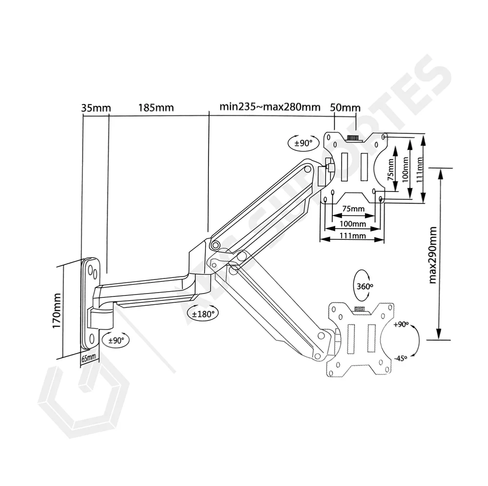 Imagem 2 de 5 do produto Suporte Pcyes, A Gás Para Monitor De Parede 17 -32 Polegadas, Vesa 100x100 - Pw01a