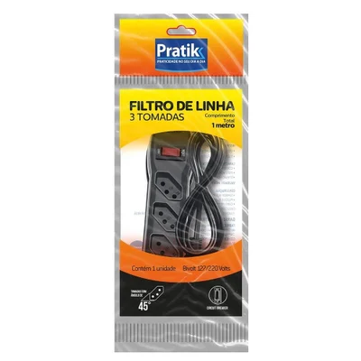 Filtro De Linha Pratik, 3 Tomadas, 3x0.75mm, 10a, Cabo 1m, Preto