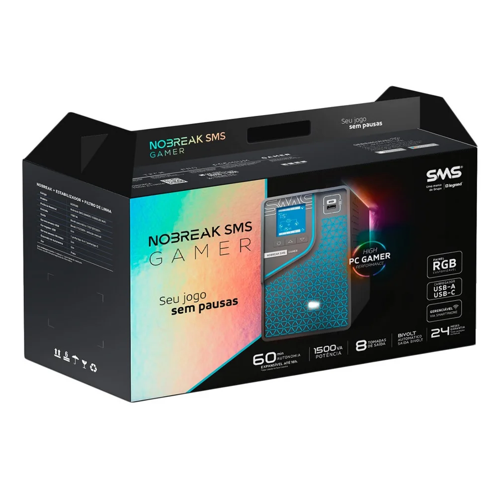 Nobreak Sms Gamer 1500VA/1050W, Senoidal Interativo, Entrada 115/ 220V, Saída 115/ 220V - 29600 Nobreak Sms Gamer 1500VA/1050W, Senoidal Interativo, Entrada 115/ 220V, Saída 115/ 220V - 29600