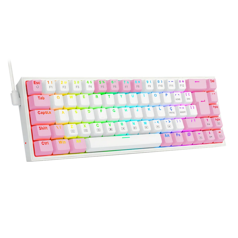 Teclado Gamer Redragon Castor, RGB, Switch Blue, Idioma Português B, Branco Com Rosa - K631wp