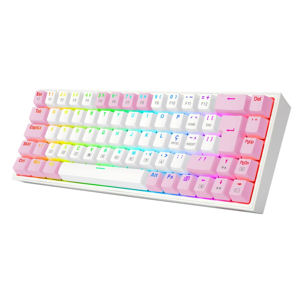 Teclado Gamer Redragon Castor, RGB, Switch Blue, Idioma Português B, Branco Com Rosa - K631wp