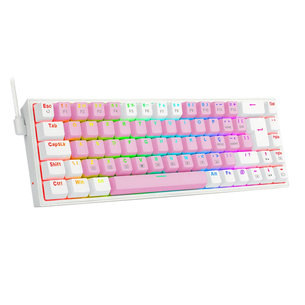 Teclado Gamer Redragon Castor, RGB, Switch Blue, Idioma Português B, Rosa Com Branco - K631pw