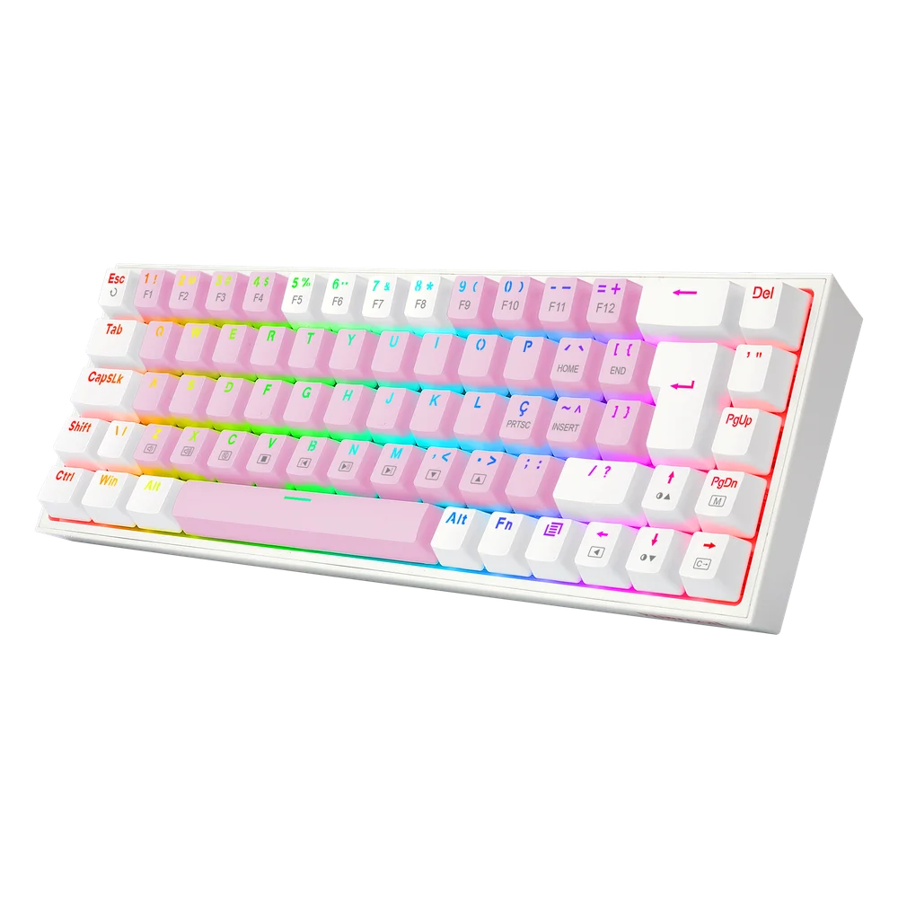Teclado Gamer Redragon Castor, RGB, Switch Blue, Idioma Português B, Rosa Com Branco - K631pw