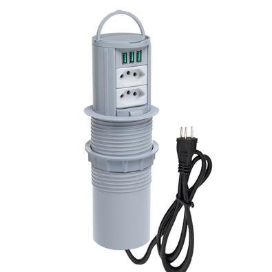 Torre De Tomada Totem Slim Manual Alça,2 Tomada 10a 3 USB 5.2,cinza