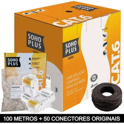 100 Metros De Cabo+50 Conector Rj45 Cat6 Furukawa Sohoplus - Preto