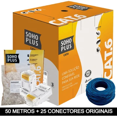 50 Metros De Cabo+25 Conector Rj45 Cat6 Furukawa Sohoplus - Azul