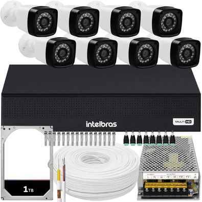 Kit 8 Cameras Segurança 1080p Full Hd Dvr Intelbras 8ch 1008c Mhdx Com Hd 1tb