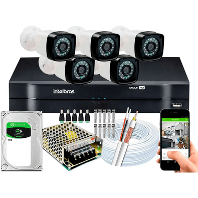 Kit Cftv 5 Câmeras Hd Dvr Intelbras Mhdx Full Hd C/hd