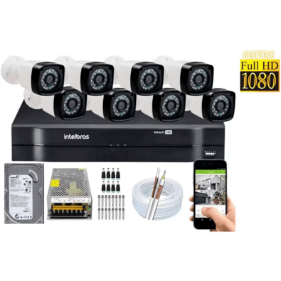Kit 8 Cameras Segurança 1080 Full Hd Dvr Intelbras 8ch Mhdx Alta Resolução C/ Acessórios