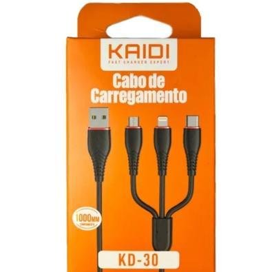 Cabo De Dados Kaidi 3 X 1 Micro USB, Tipo C e Lightning 3a, 1 Metro