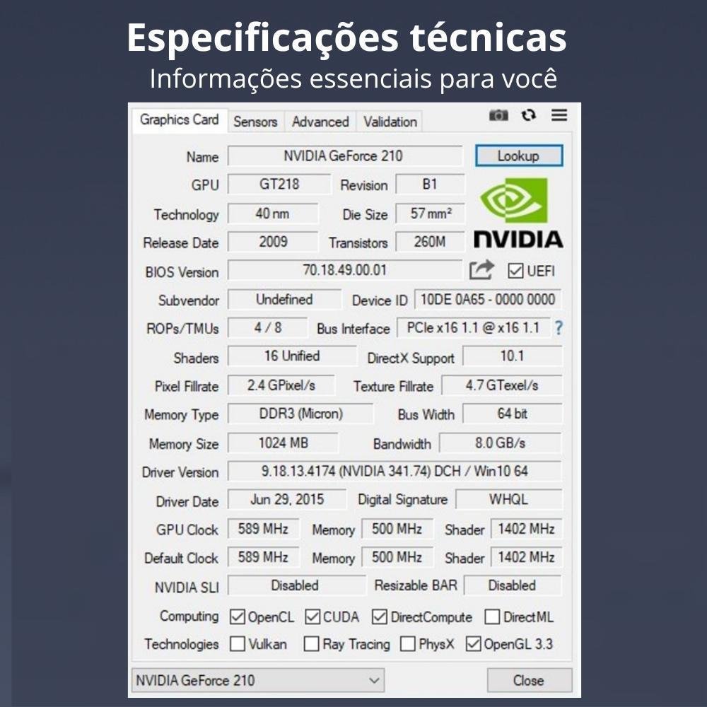 Imagem 4 de 5 do produto Placa De Vídeo Nvidia Geforce Gt 210 1gb Wpc Gt210-1g-16sp HDMI, Dvi E Vga