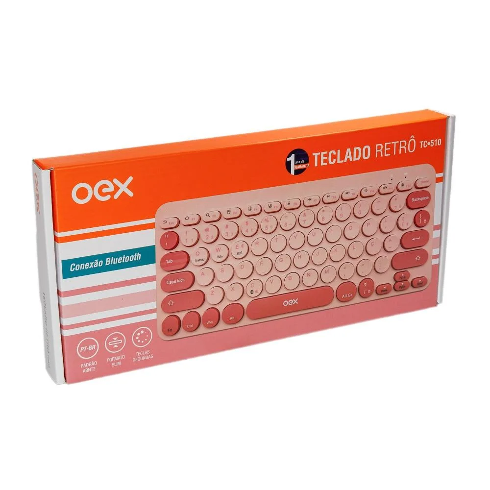 Imagem 4 de 5 do produto Teclado Oex,Bluetooth Retrô Rosa, ABNT2, Tc510