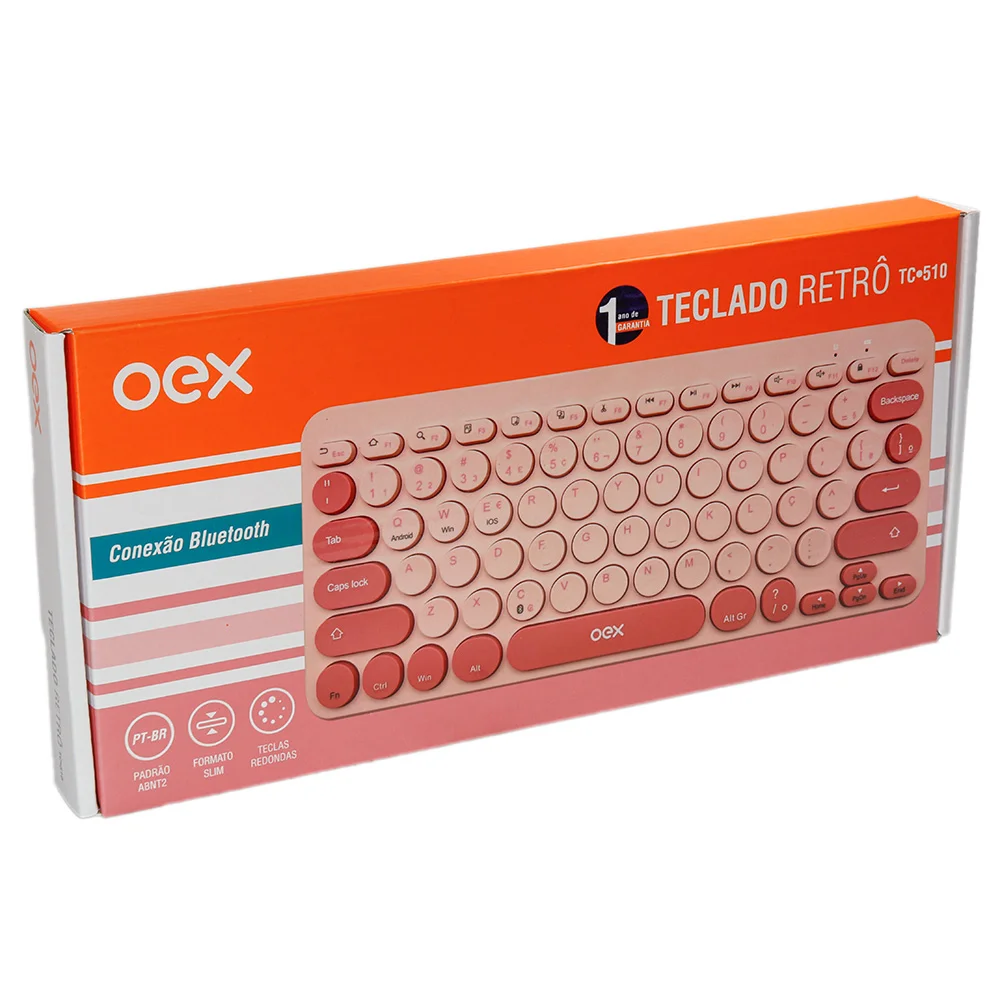 Imagem 5 de 5 do produto Teclado Oex,Bluetooth Retrô Rosa, ABNT2, Tc510