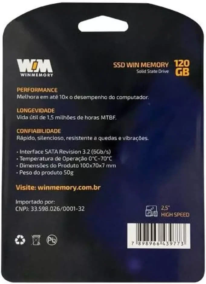 SSD Win Memory 120GB, SATA 3, Leitura 520MB/s E Gravação 540MB/s, Preto - Swr120g