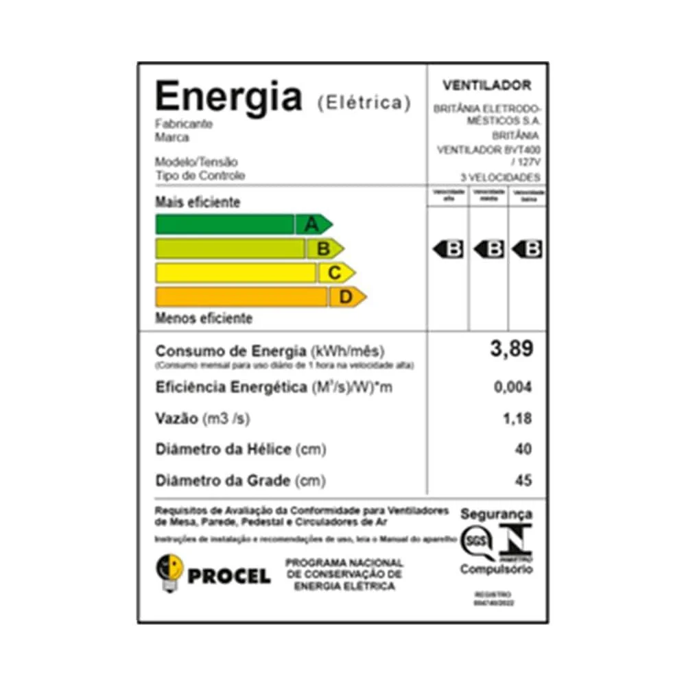 Imagem 2 de 5 do produto Ventilador de Mesa Britania, 40cm, 6 Pás, 150w, 110v, Preto -  Bvt400