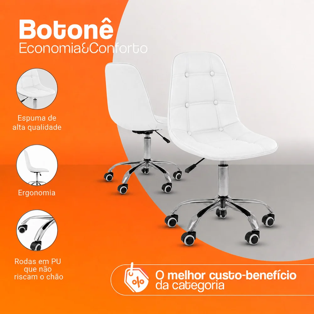 Imagem 2 de 5 do produto Kit 04 Cadeiras Office Eiffel Botonê, Ajustável, Base Giratória - Branco