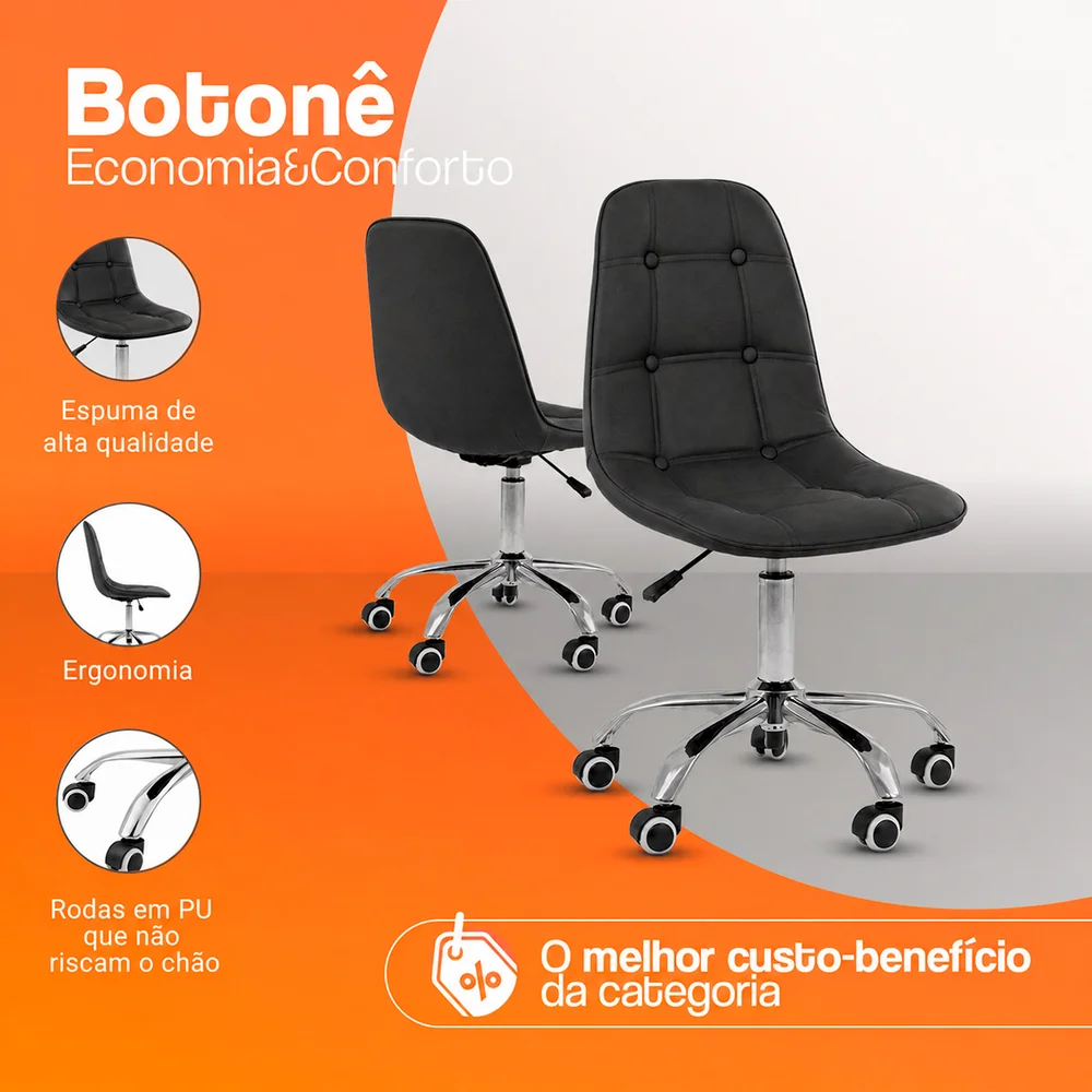 Imagem 2 de 5 do produto Kit 04 Cadeiras Office Eiffel Botonê, Ajustável, Base Giratória - Preto