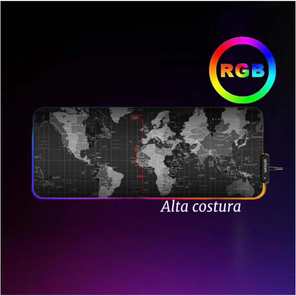 Imagem 2 de 5 do produto Mousepad Gamer Grande Com Led RGB, 11 Cores, 80x30cm,Mapa Mundi