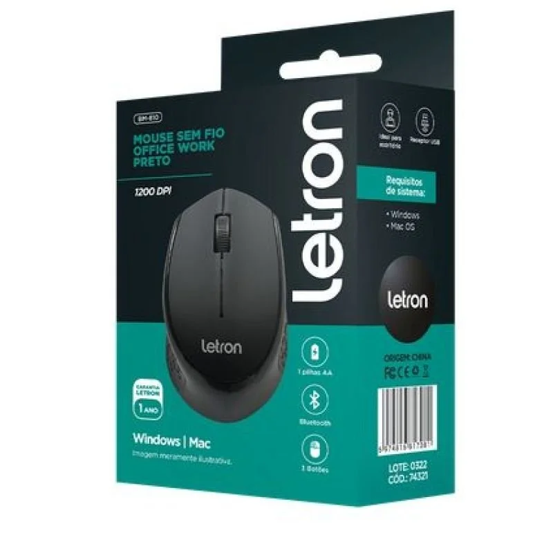 Imagem 2 de 3 do produto Mouse Sem Fio Letron Office Work, Preto, Ergonomico Optico Let